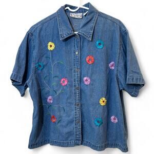 Vintage Denim Jean Short Sleeve Button-Up Floral Embroidered Top 2XL